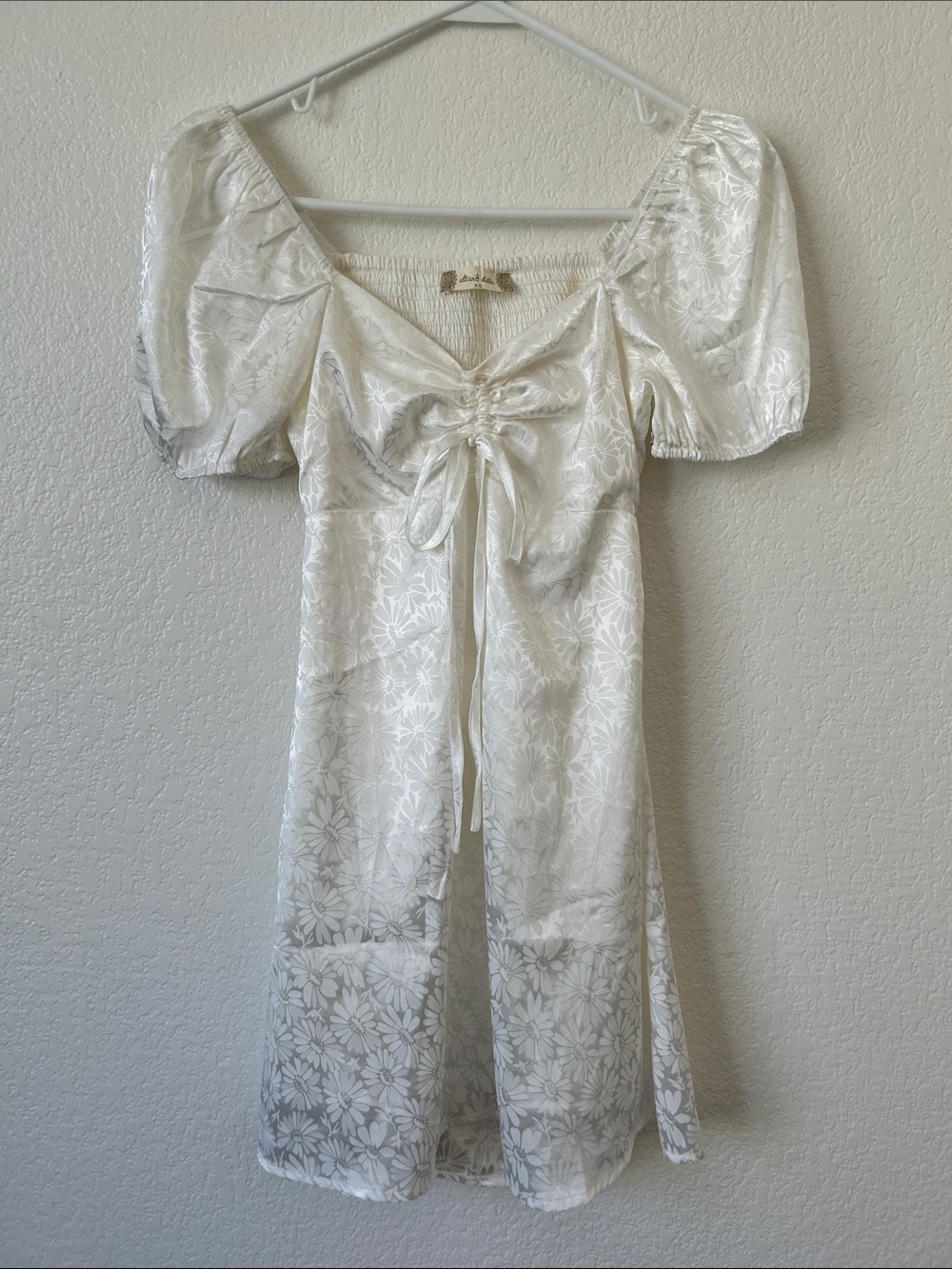 Altar'd State Satin Jacquard Floral Print White Gathered Front Mini Dress